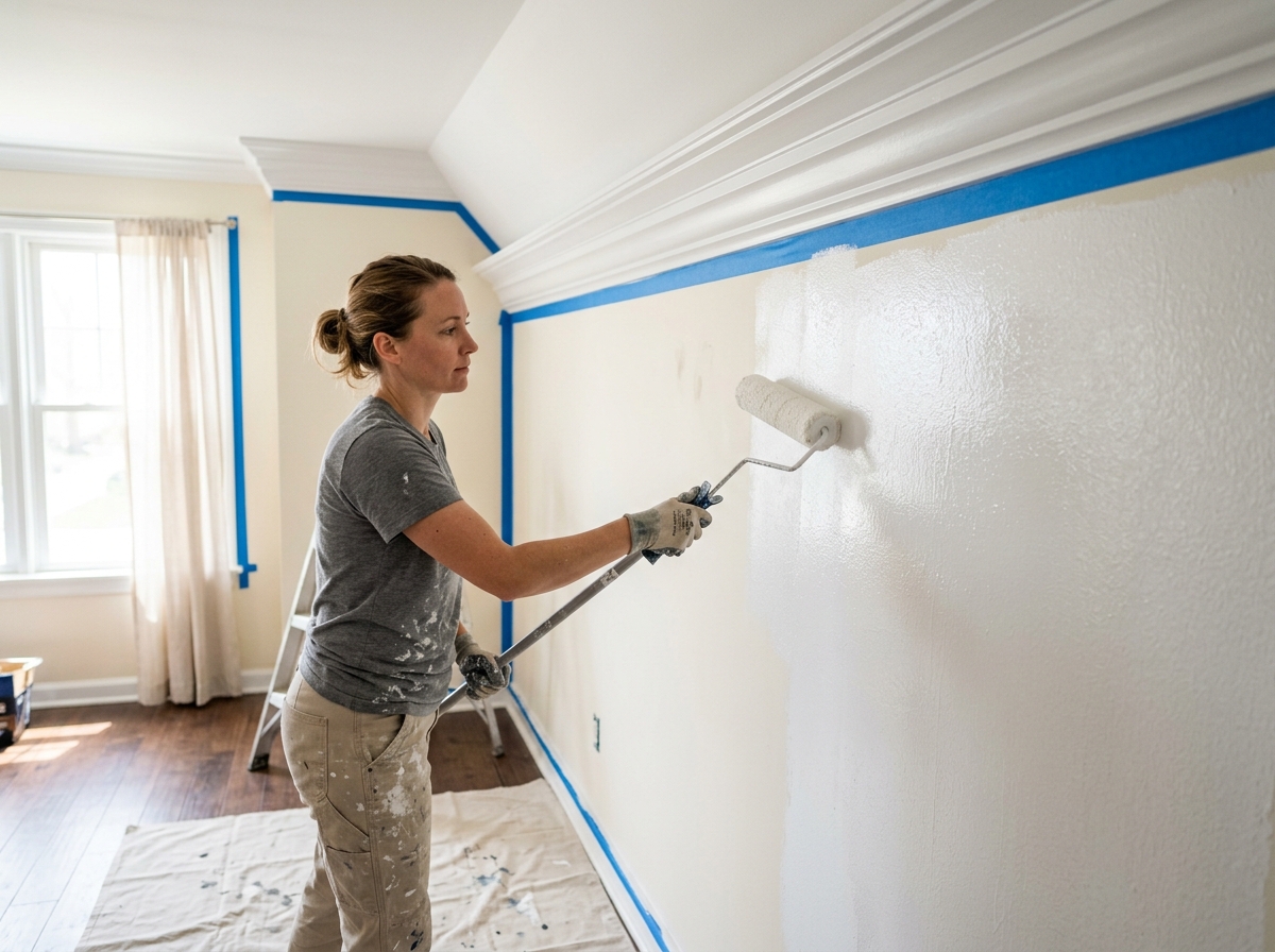Pintora profesional aplicando pintura blanca antimoho con rodillo en pared