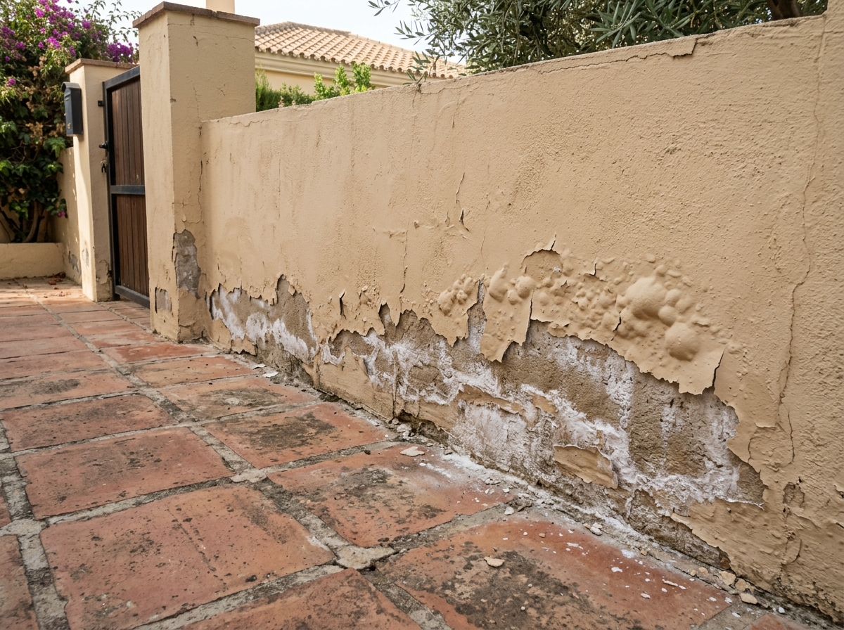Muro perimetral exterior con pintura levantada en ampollas y salitre por humedad