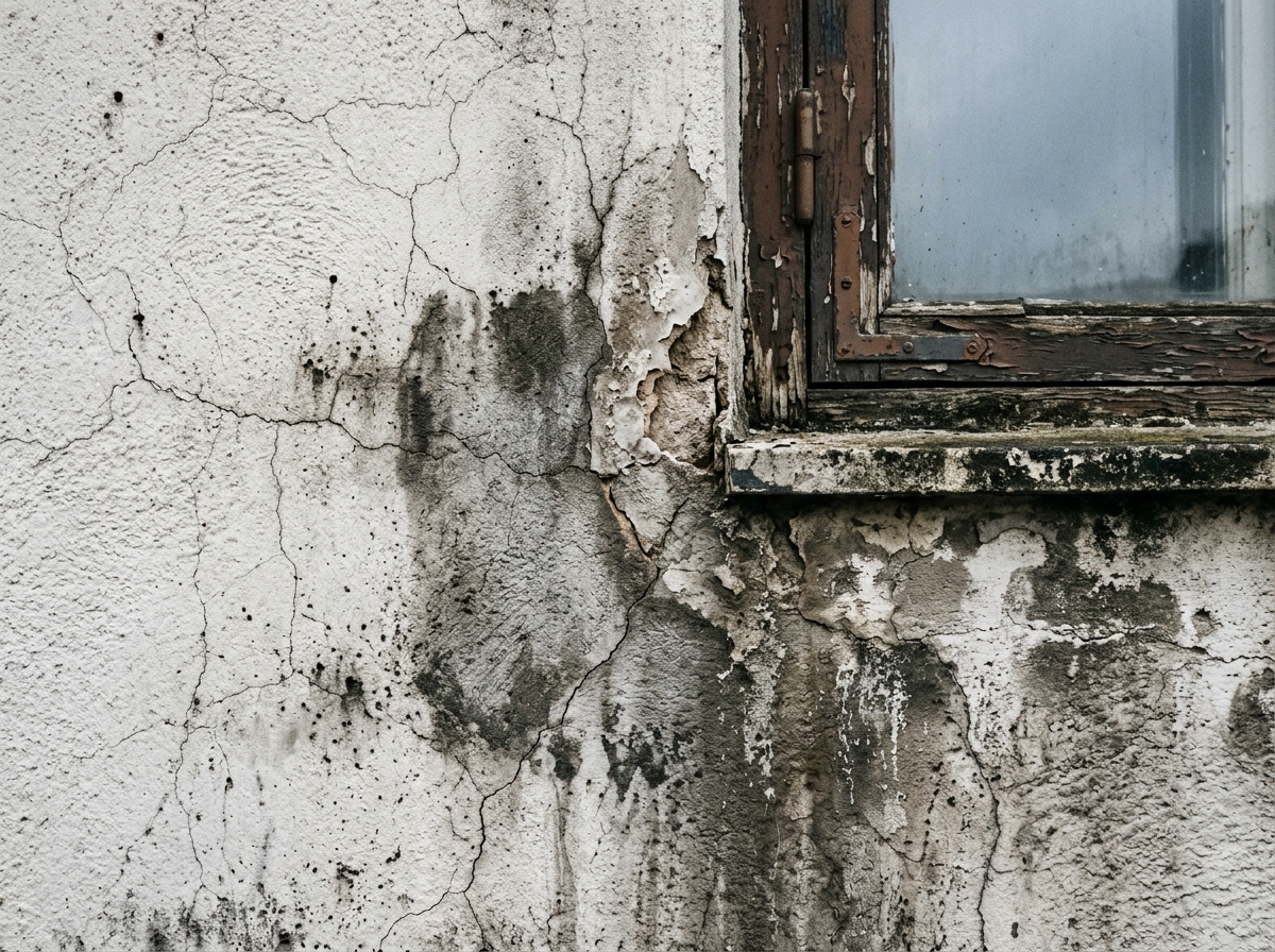 Muro de fachada exterior con microfisuras capilares y manchas de agua filtrada