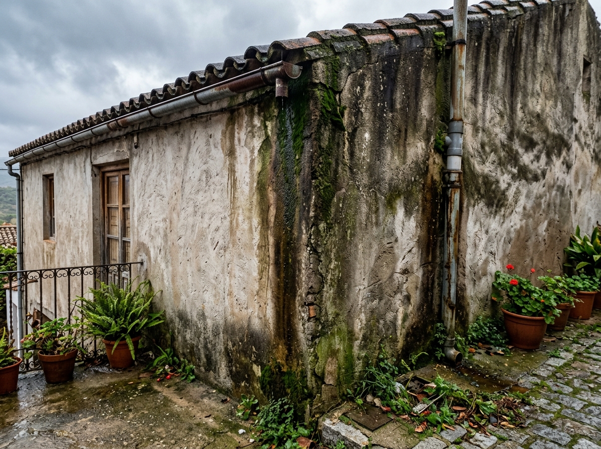 Fachada exterior con manchas de verdín, algas y humedad por escorrentía de lluvia